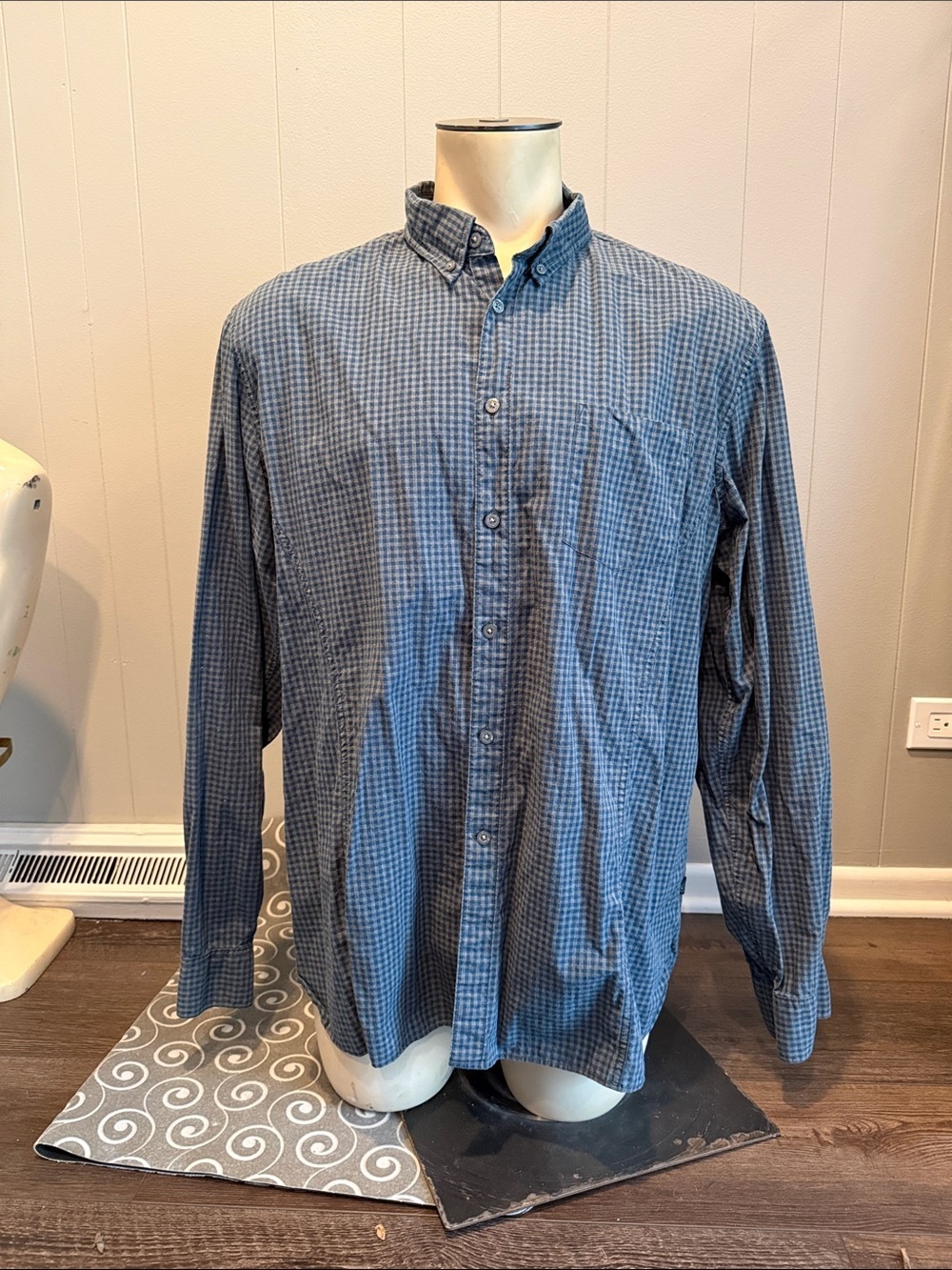 John Varvatos Men’s XXL Navy Gray Check Long-Sleeve Button-Down Shirt